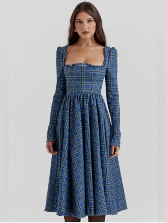 House of CB Dresses & Skirts - HARD TO FIND House of CB Blue Plaid Midi Delia Tartan Dress Small - NWT